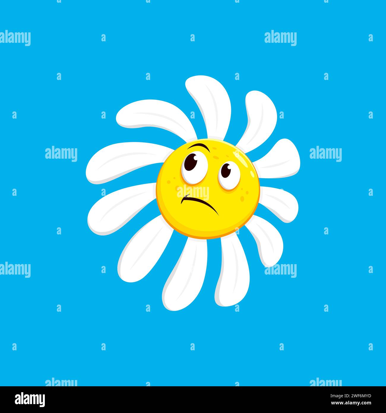 Cartoon chamomile, daisy flower character thoughtful face emotion. Vector funny thinking emoji, tense facial expression with eyes looking up and curve mouth. Isolated dumbfounded personage feelings Stock Vector