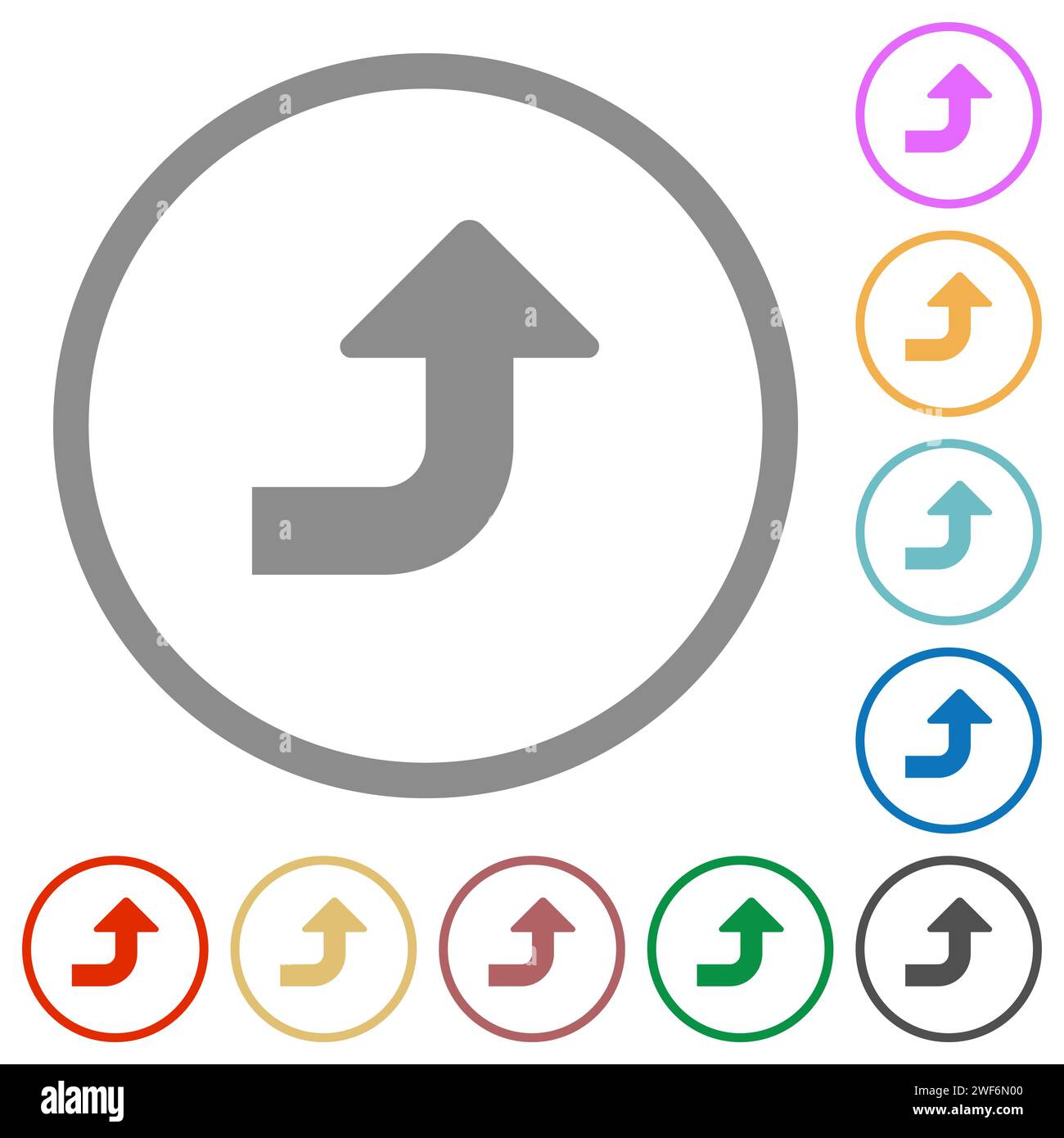 Right top side turn arrow solid flat color icons in round outlines on ...