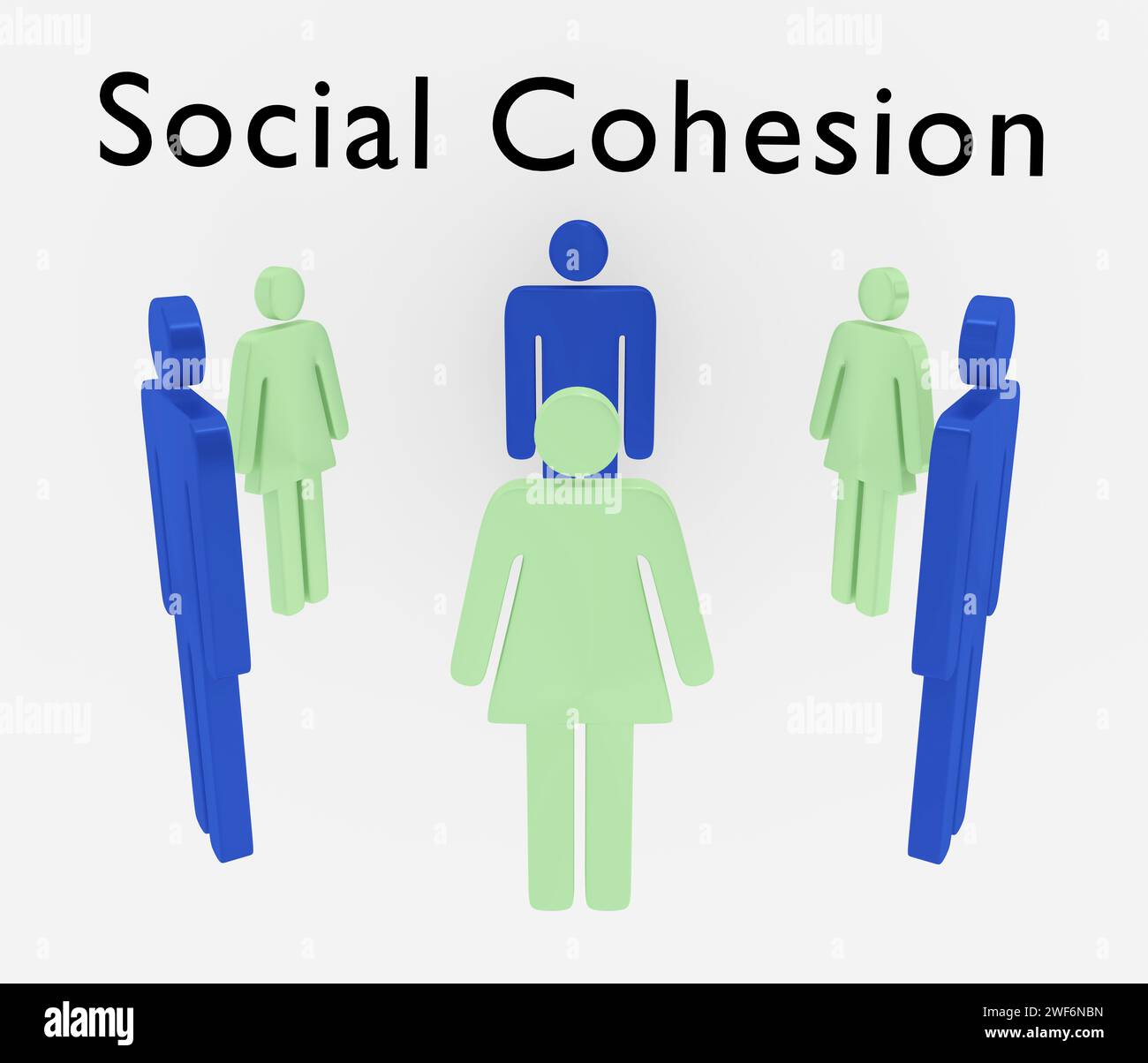 3D illustration of silhouettes of a group of men and women, titled as Social Cohesion. Stock Photo