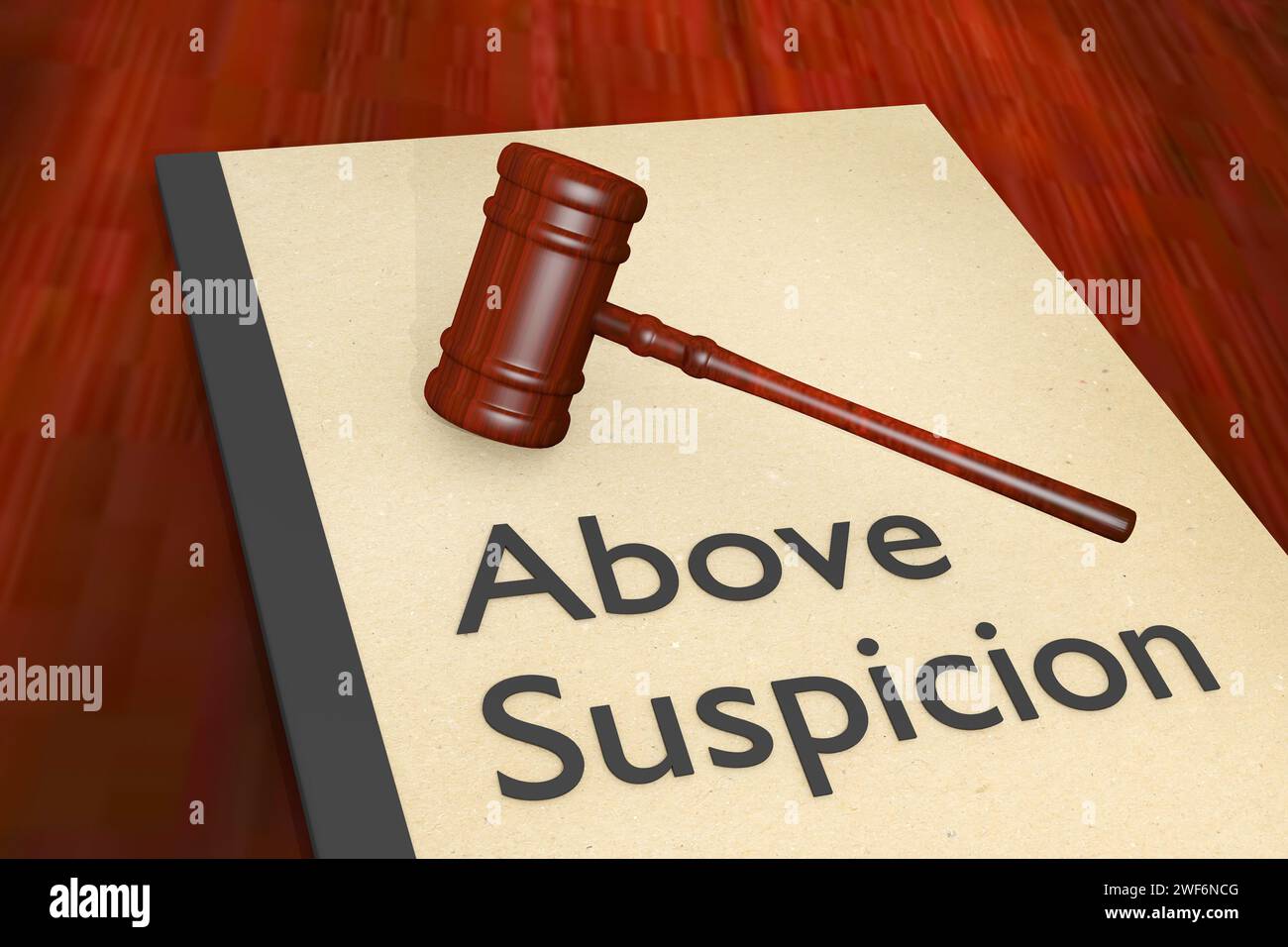 3D illustration of a judge gavel on a legal bookletand, titled as Above Suspicion. Stock Photo