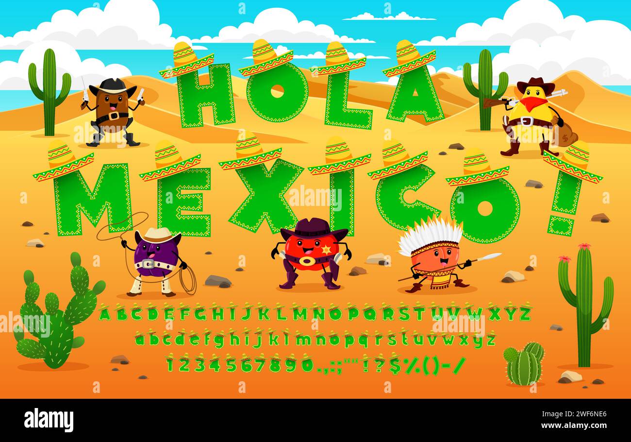 Cartoon Mexican font or Hispanic type with sombrero hat, Latin American or Western typeface, vector alphabet. Mexican font letters or Mexico typography for tequila, Mexico cuisine or fiesta carnival Stock Vector
