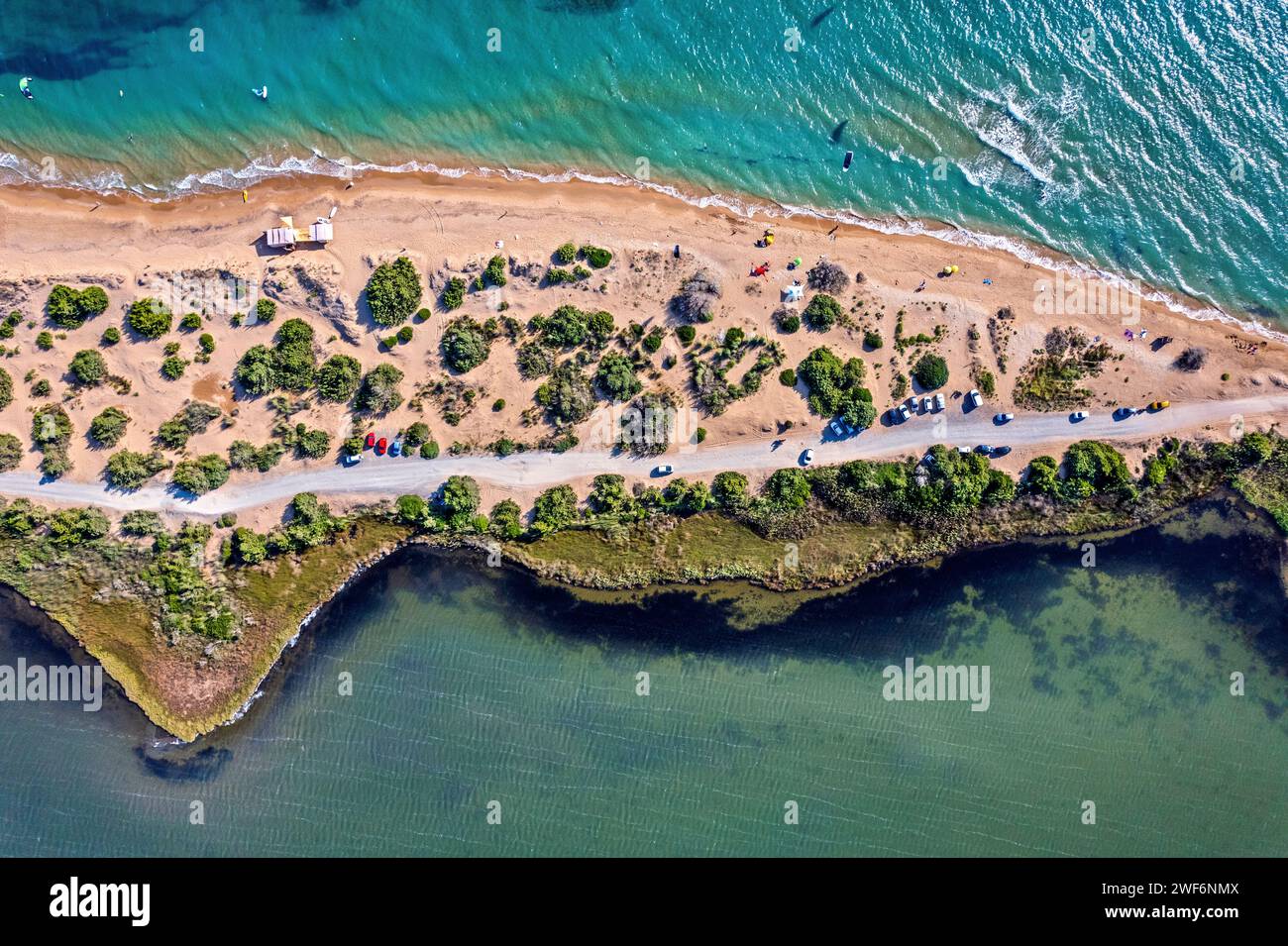 Aerial view of Halikounas beach (right next to lake Korission) a kitesurfers' 'paradise' in Corfu island, Ionian sea, Greece. Stock Photo