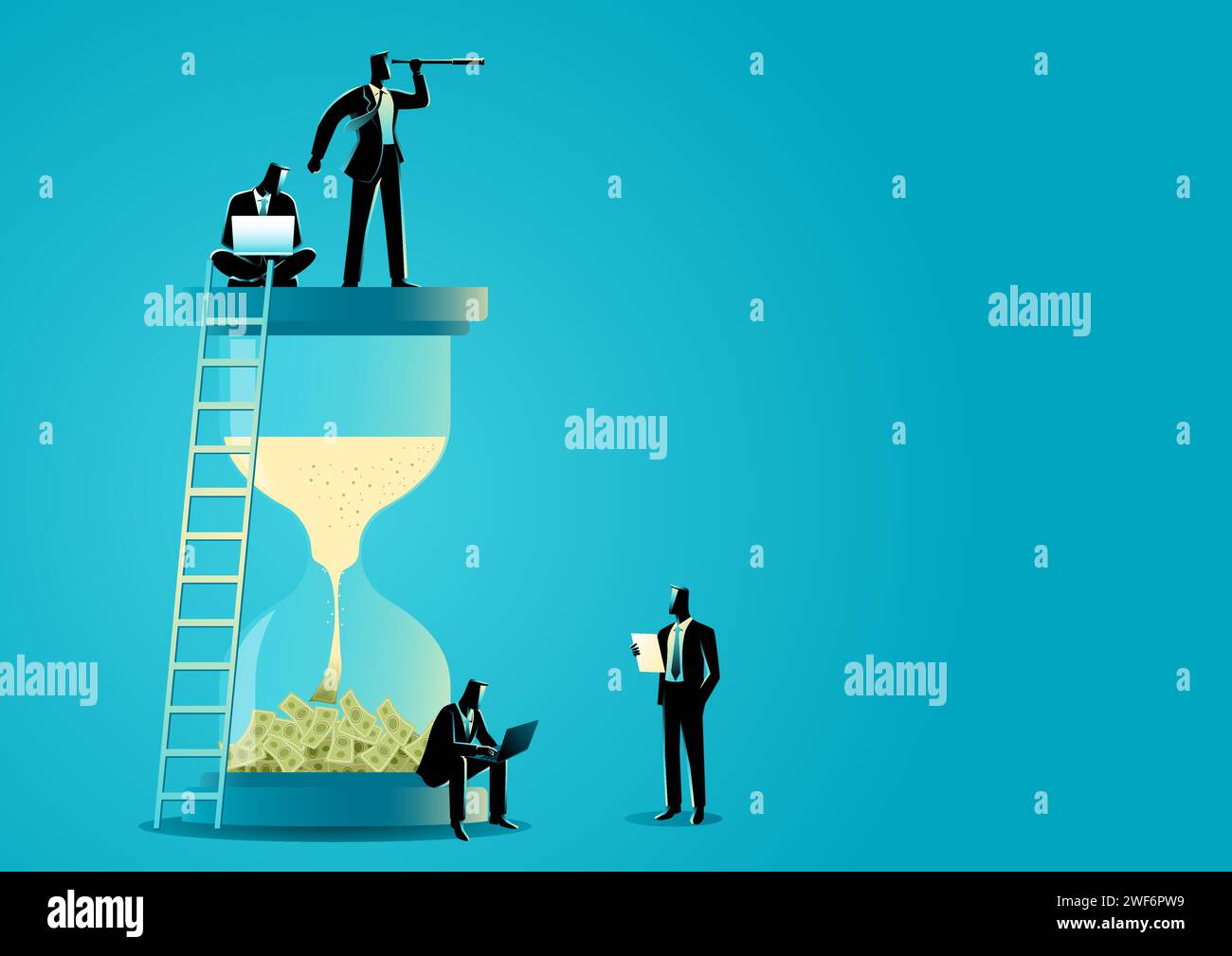Group of busy business people working around the sand glass which sand transform into money, time is money, punctuality, investment concept Stock Vector