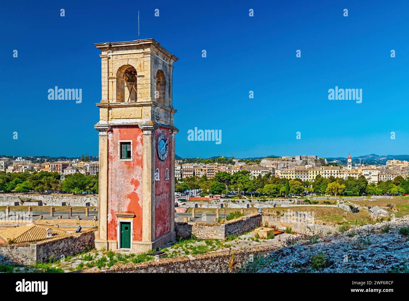 The 'british' clock-belltower at the Old Fortress of Corfu ('Kerkyra'), Ionian islands, Greece. Stock Photo