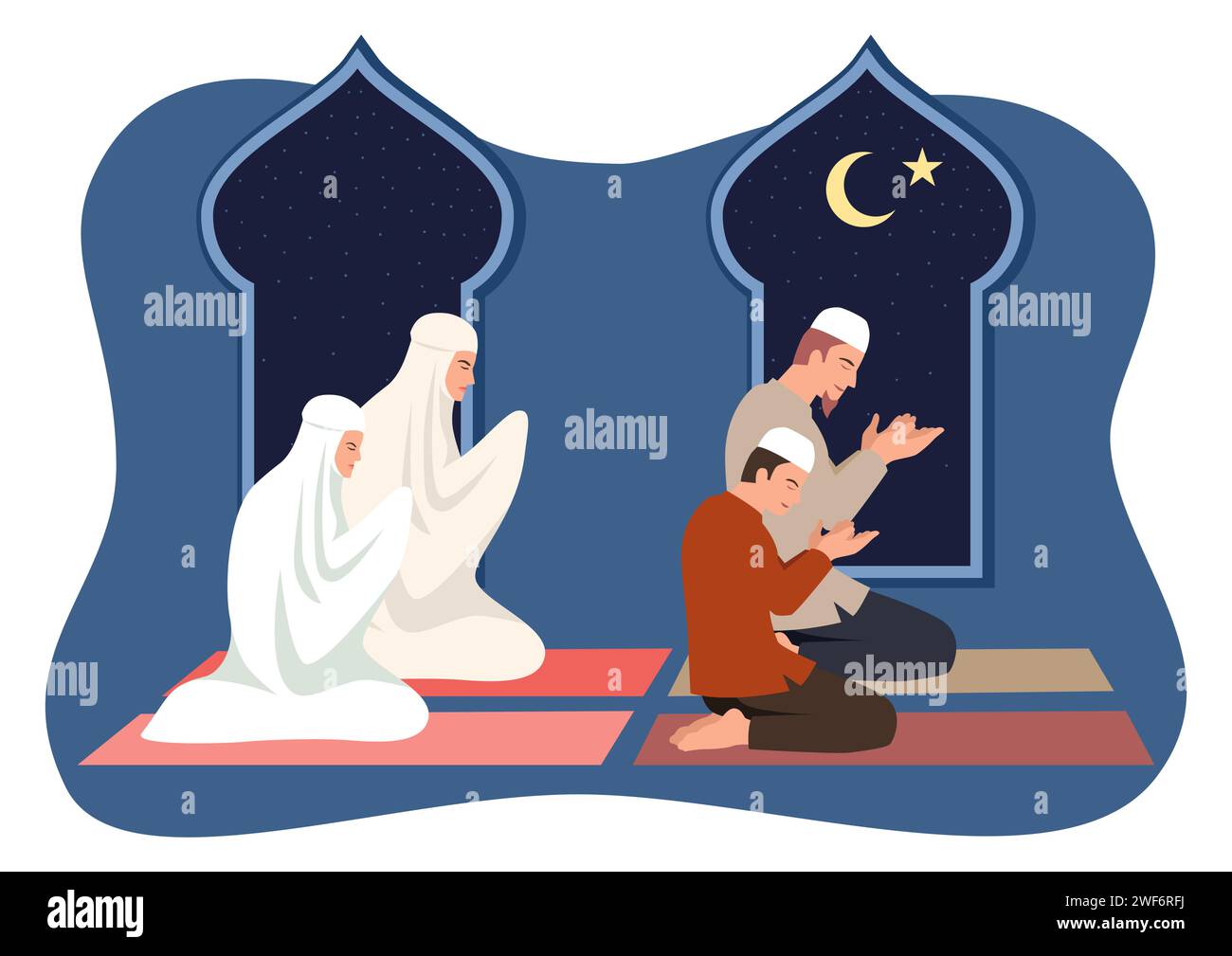 Simple flat vector illustration of muslim family praying together Stock Vector