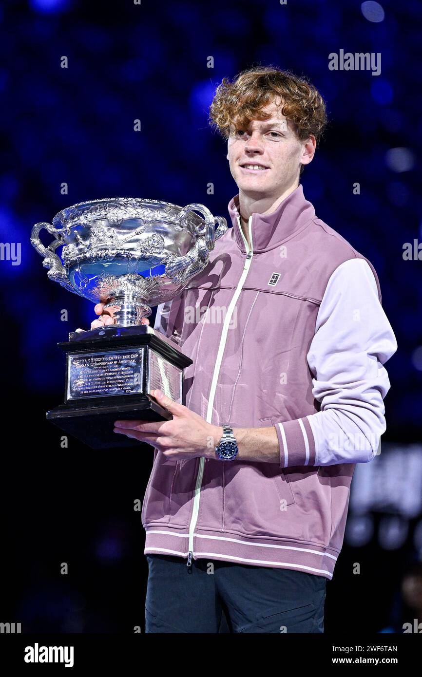 Melbourne, Australie. 28th Jan, 2024. Jannik Sinner of Italy with the Norman Brookes cup trophy during the Australian Open AO 2024 men's final Grand Slam tennis tournament on January 28, 2024 at Melbourne Park in Australia. Photo Victor Joly/DPPI Credit: DPPI Media/Alamy Live News Stock Photo