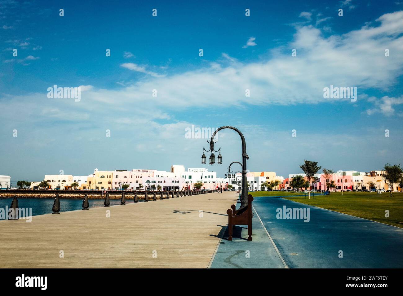 An areal view of Doha Qatar. City scene along the Arabian Sea. Stock Photo