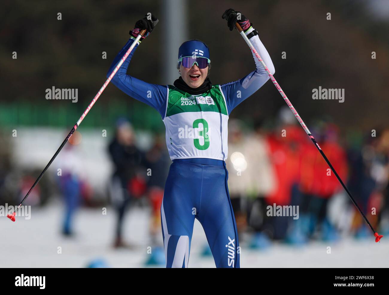 Pyeongchang, South Korea. 29th Jan, 2024. Nelli-Lotta Karppelin of Finland jubilates during the final of the Women's Sprint Free of Cross-Country Skiing event at the Gangwon 2024 Winter Youth Olympic Games in Pyeongchang, South Korea, Jan. 29, 2024. Credit: Hu Huhu/Xinhua/Alamy Live News Stock Photo