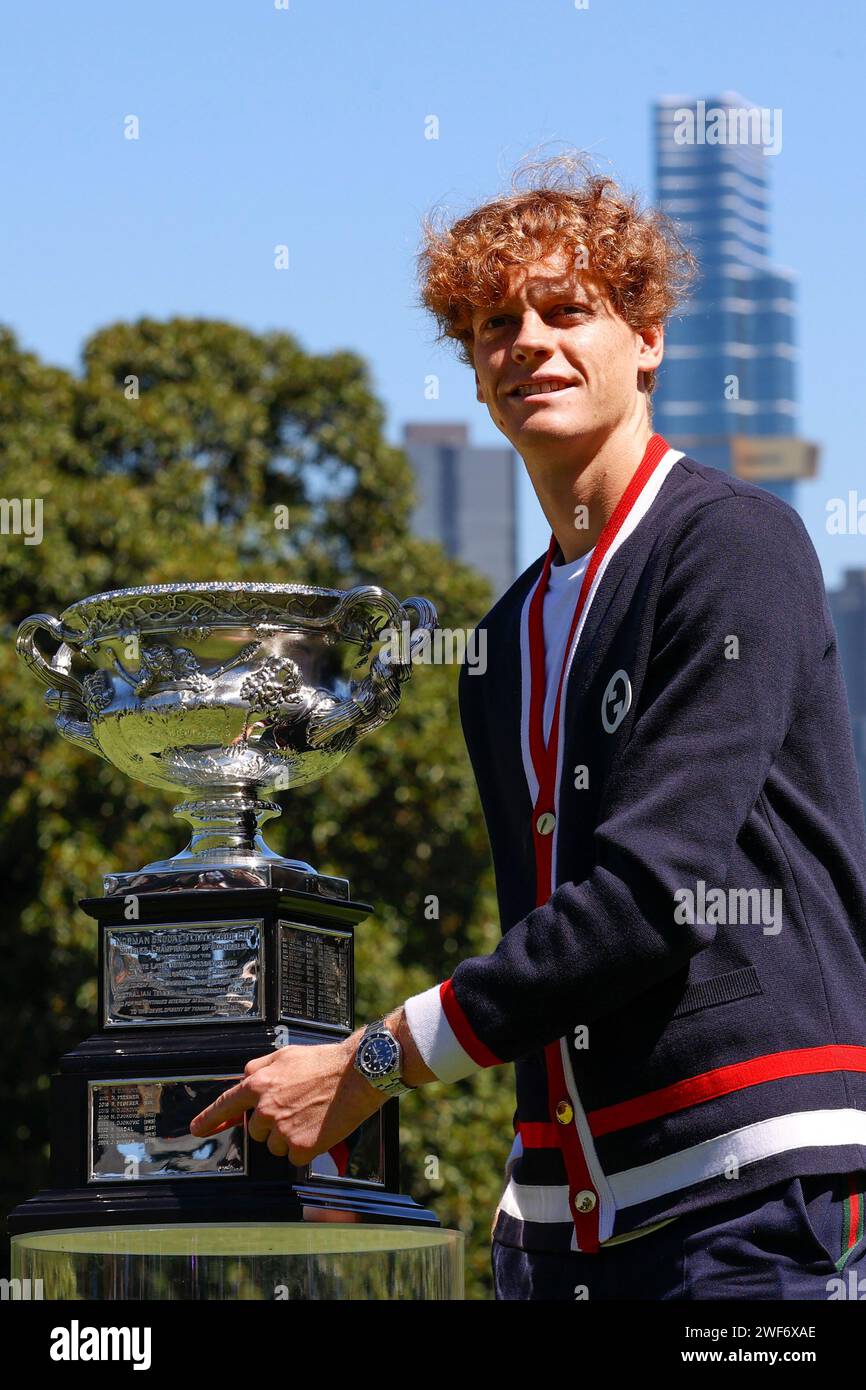 Jannik Sinner of Italy poses with the Norman Brookes Challenge Cup after winning the 2024 Australian Open Final, at the Royal Botanic Gardens on January 29, 2024 in Melbourne, Australia Stock Photo
