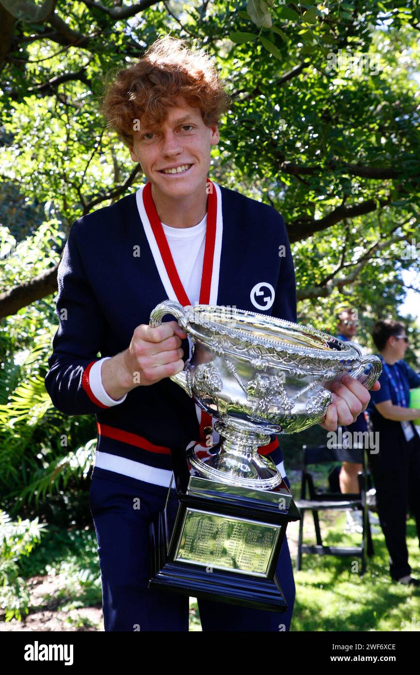Jannik Sinner of Italy  with the Norman Brookes Challenge Cup after winning the 2024 Australian Open Final, at the Royal Botanic Gardens on January 29, 2024 in Melbourne, Australia Stock Photo