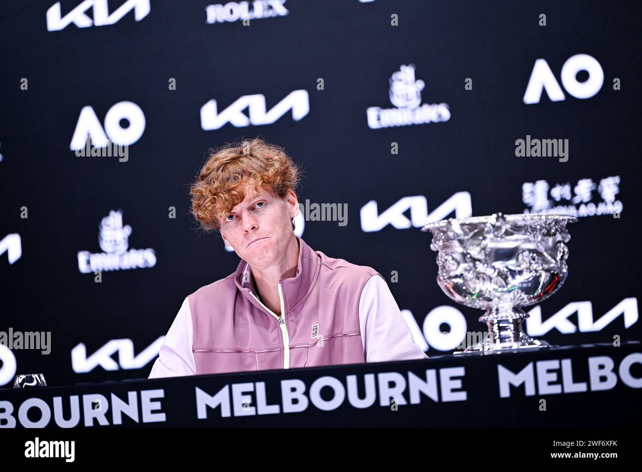 Jannik Sinner of Italy with the Norman Brookes cup trophy during a press conference of the Australian Open AO 2024 men's final Grand Slam tennis tournament on January 28, 2024 at Melbourne Park in Australia. Photo Victor Joly / DPPI Stock Photo