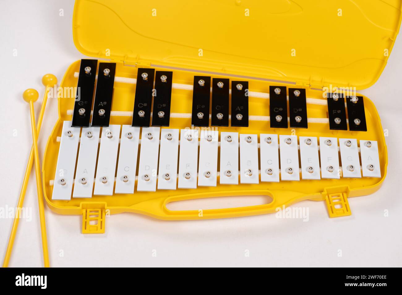 Metallophone, metal xylophone, percussion musical instrument on a white