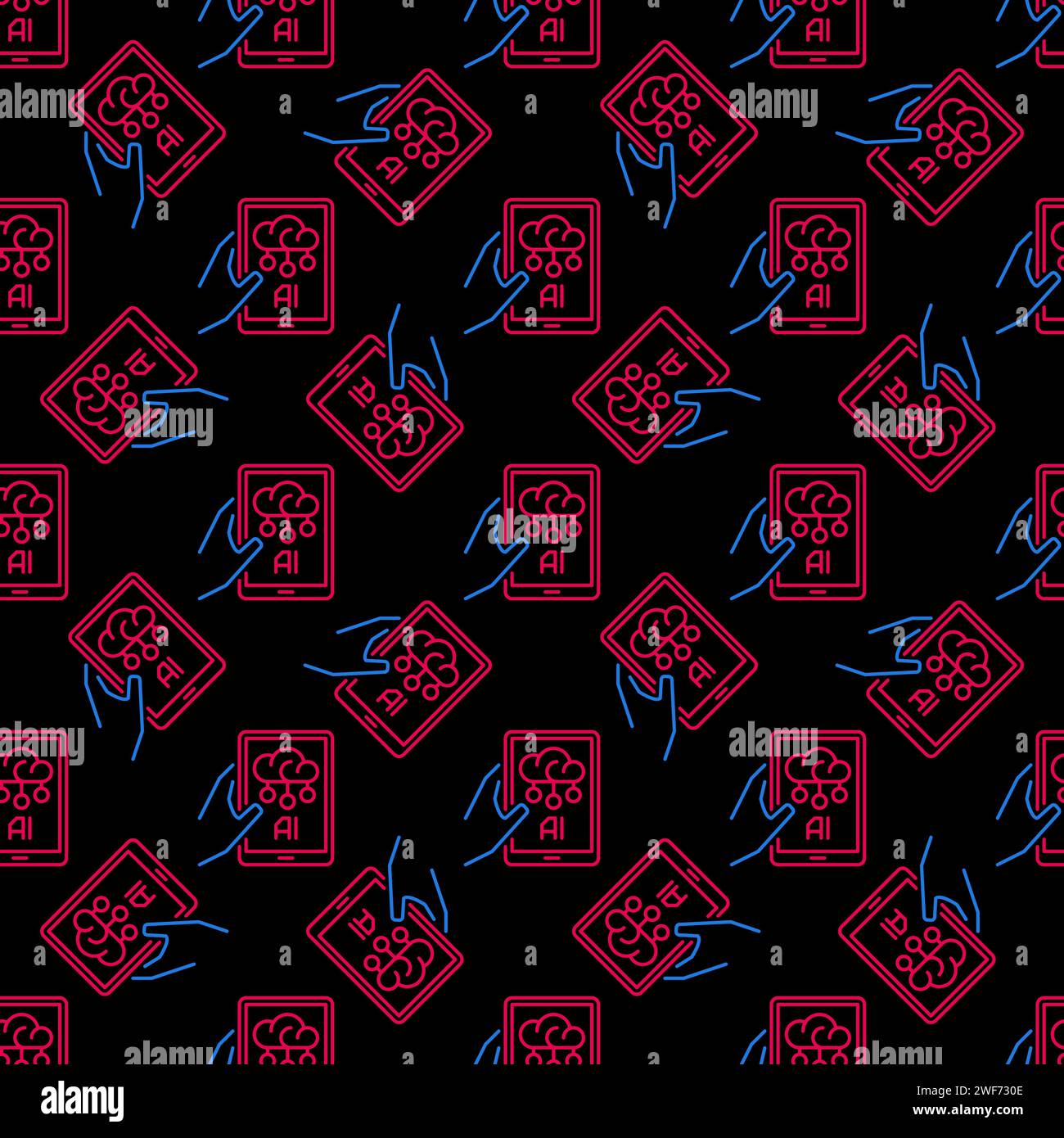 Artificial Intelligence AI Smartphone in Hand vector concept outline dark Seamless Pattern Stock Vector