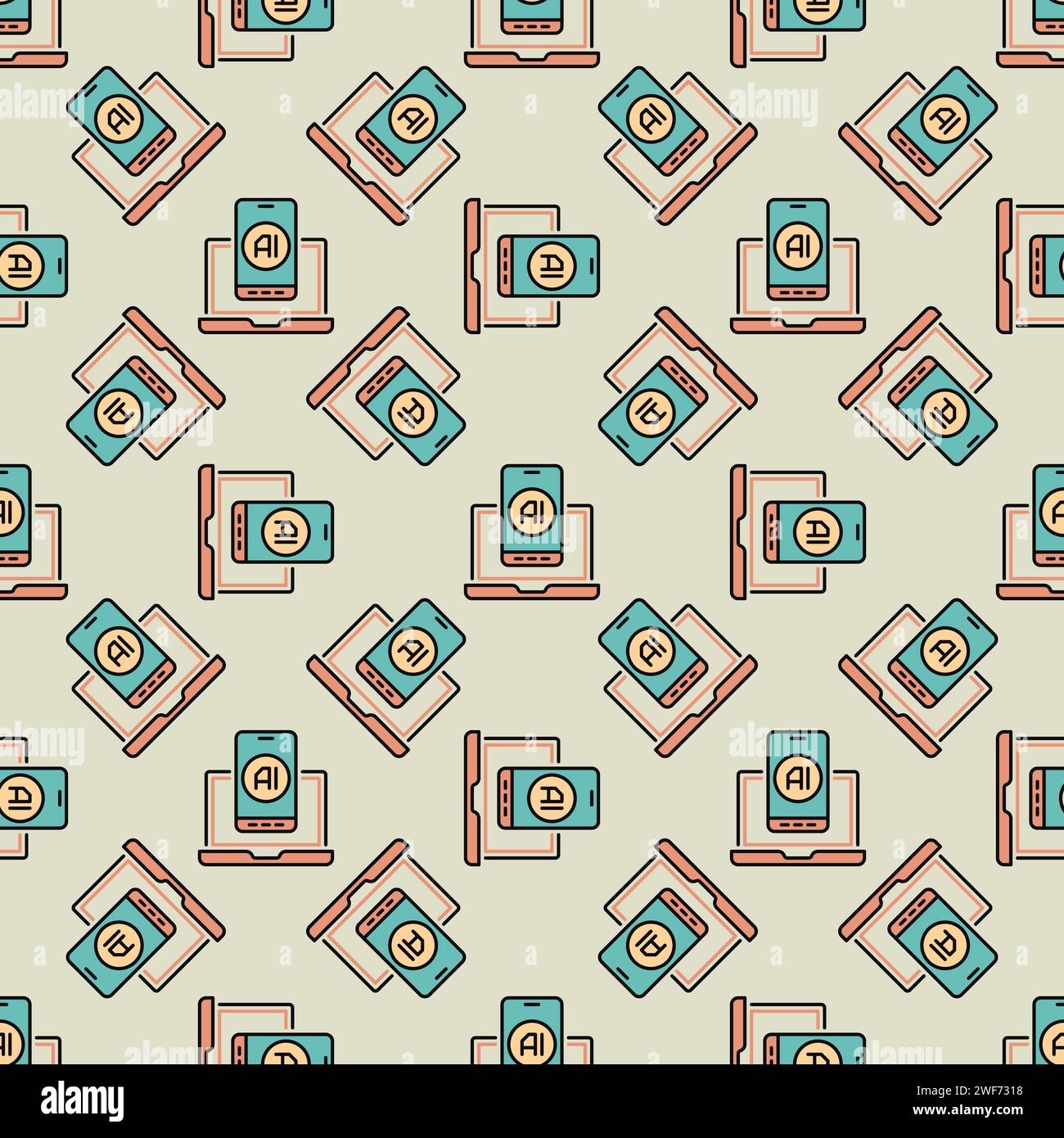 Artificial Intelligence Smartphone and Laptop Computer with vector AI concept colored Seamless Pattern Stock Vector