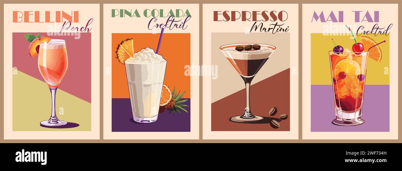 Cocktails retro poster vintage vector art set. Stock Vector