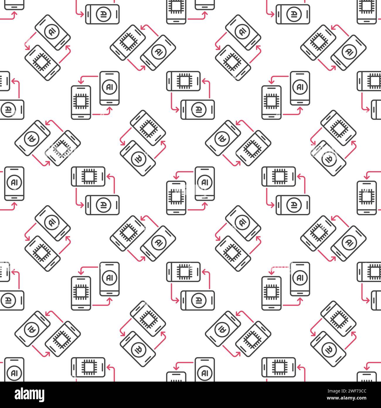 Two AI Smartphones vector Artificial Intelligence in Phones concept linear Seamless Pattern Stock Vector