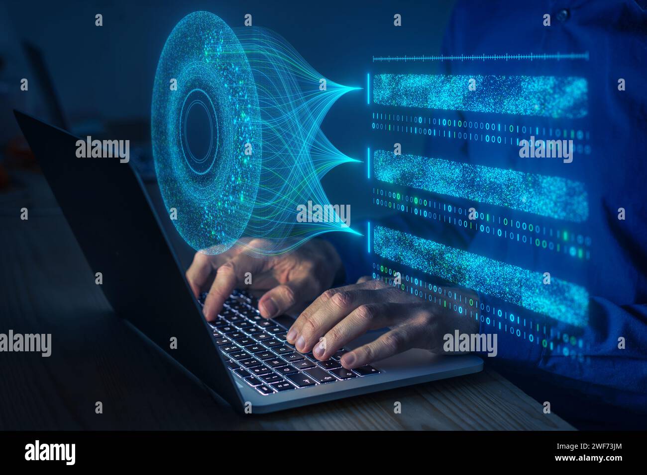 Big data analysis with AI technology. Person using machine learning and deep learning neural network for data science, data mining, business analytics Stock Photo