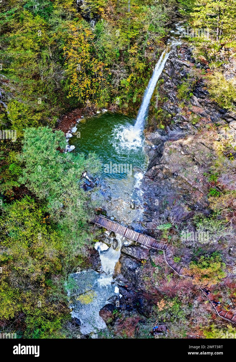 Aerial view of 'Balta di Stringa' waterfalls, close to Iliochori village, Zagori region, Ioannina, Epirus, Greece. Stock Photo