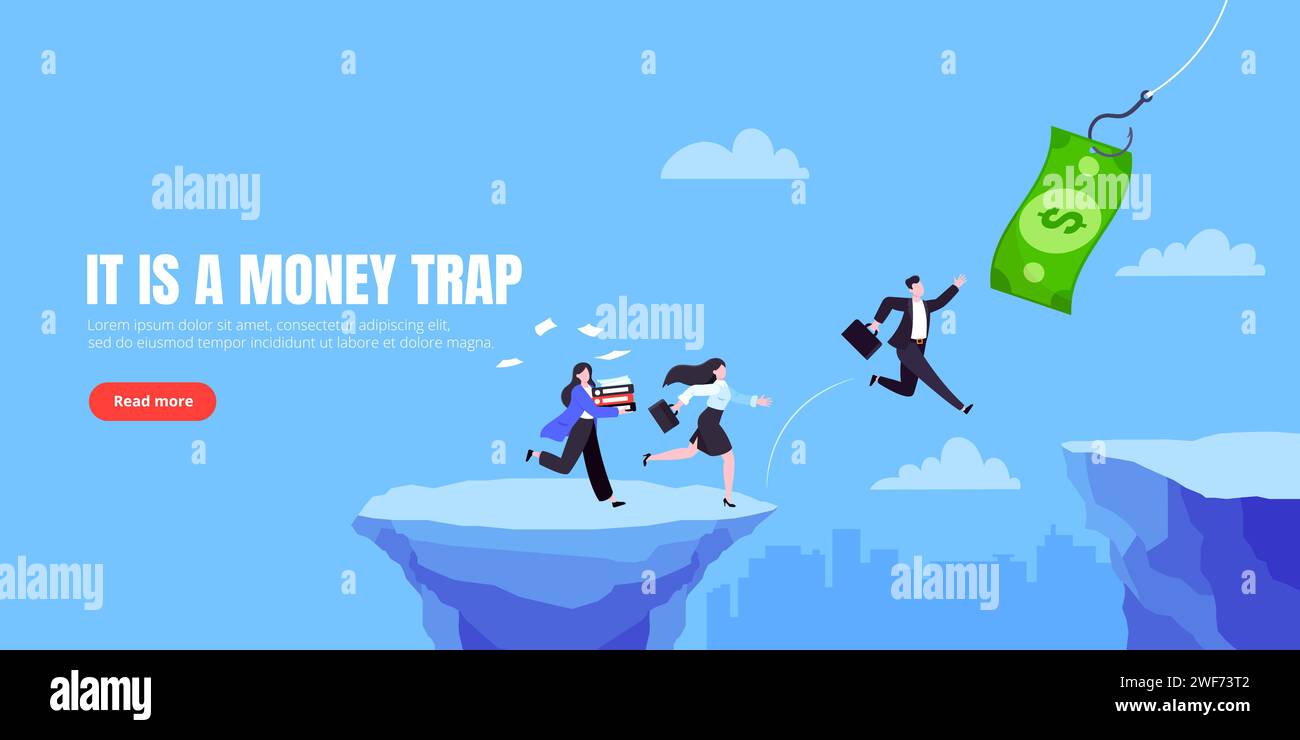 Money trap business concept. Young adult businesswoman running to catch the money flat style design vector illustration. Metaphor of greedy financial Stock Vector