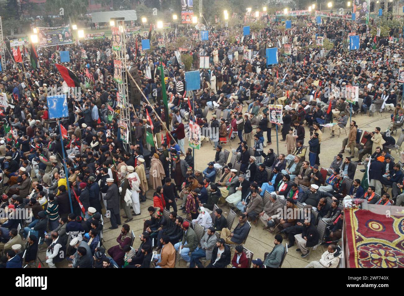 Rawalpindi, Punjab, Pakistan. 28th Jan, 2024. Supporters of Pakistan People's Party (PPP) cheer at an election campaign rally in Rawalpindi on January 28, 2024 (Credit Image: © Raja Imran Bahadar/Pacific Press via ZUMA Press Wire) EDITORIAL USAGE ONLY! Not for Commercial USAGE! Stock Photo