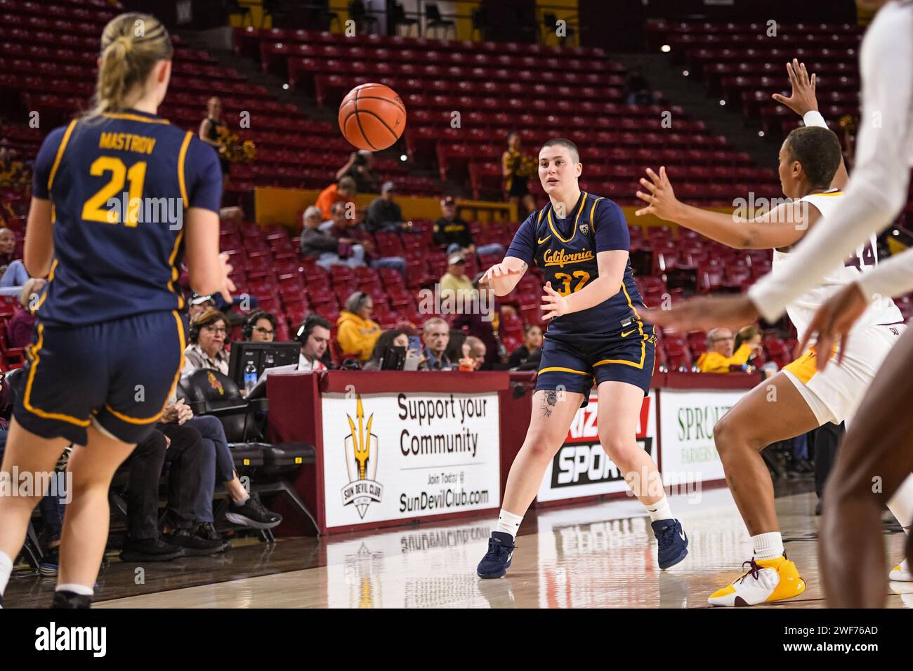 California Golden Bears guard Anastasia Drosouni (23) looks to pass the ball in the second half of the NCAA basketball game against Arizona State in T Stock Photo