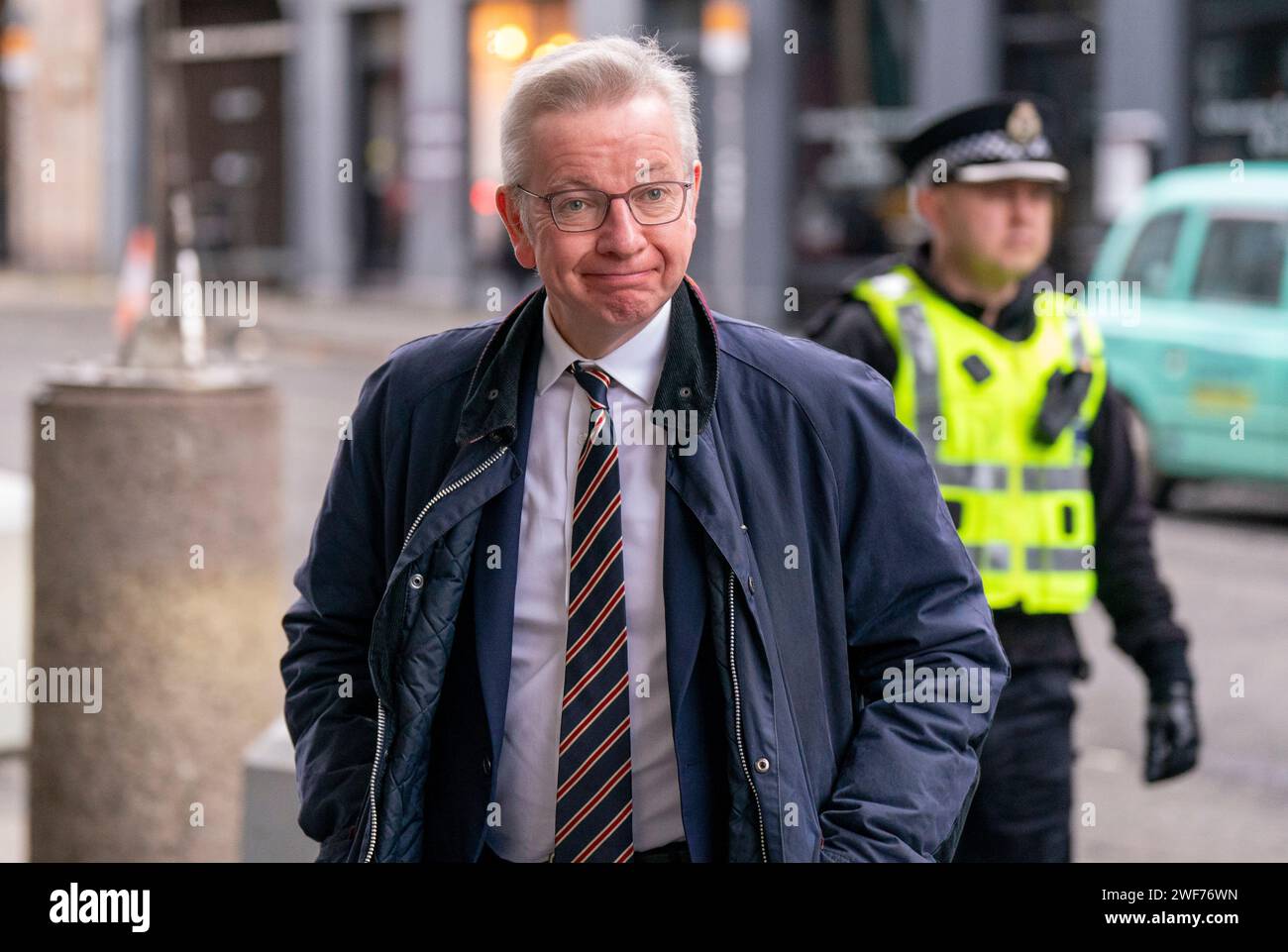 Secretary of State for Levelling Up, Housing and Communities, Michael Gove, arrives at the UK Covid-19 Inquiry hearing at the Edinburgh International Conference Centre (EICC). The hearing is examining core UK decision-making and political governance in Scotland. Picture date: Monday January 29, 2024. Stock Photo