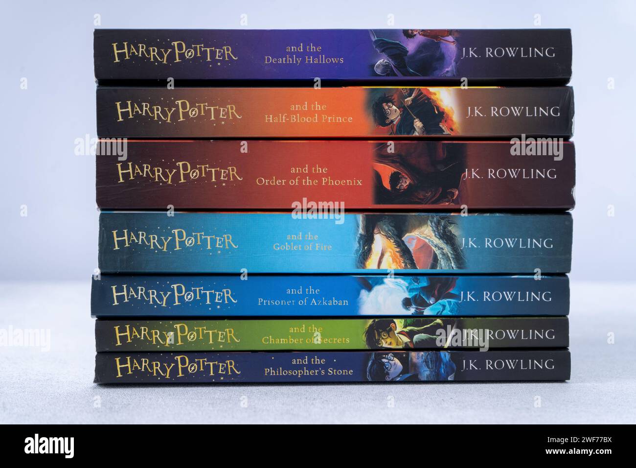 A stack of books about Harry Potter by writer JK Rowling. Collection