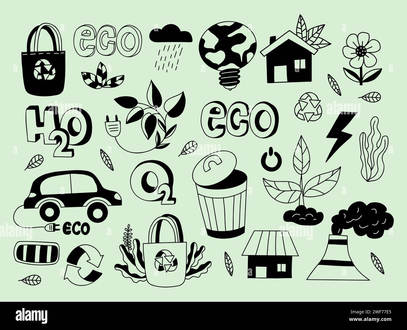 Hand drawn ecology icons set. No plastic, go green, Zero waste concepts ...
