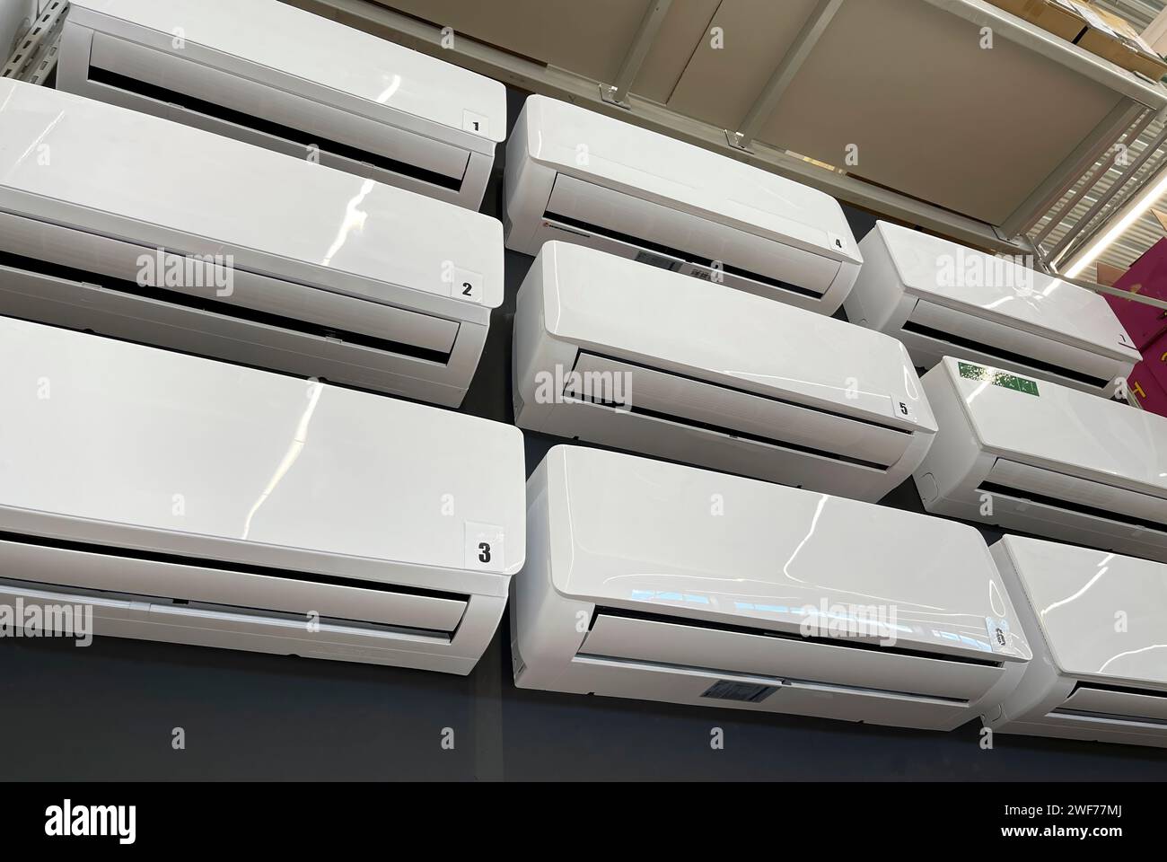 Sale of air conditioners on a stand in a store Stock Photo
