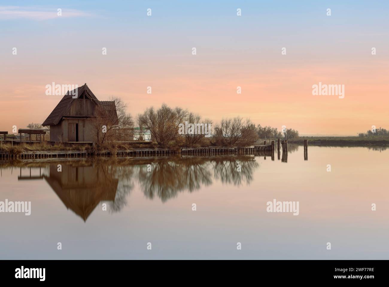 La Foce in the Comacchio Valleys, a wetland in the Po Delta, Ferrara, Emilia-Romagna, Italy. Stock Photo