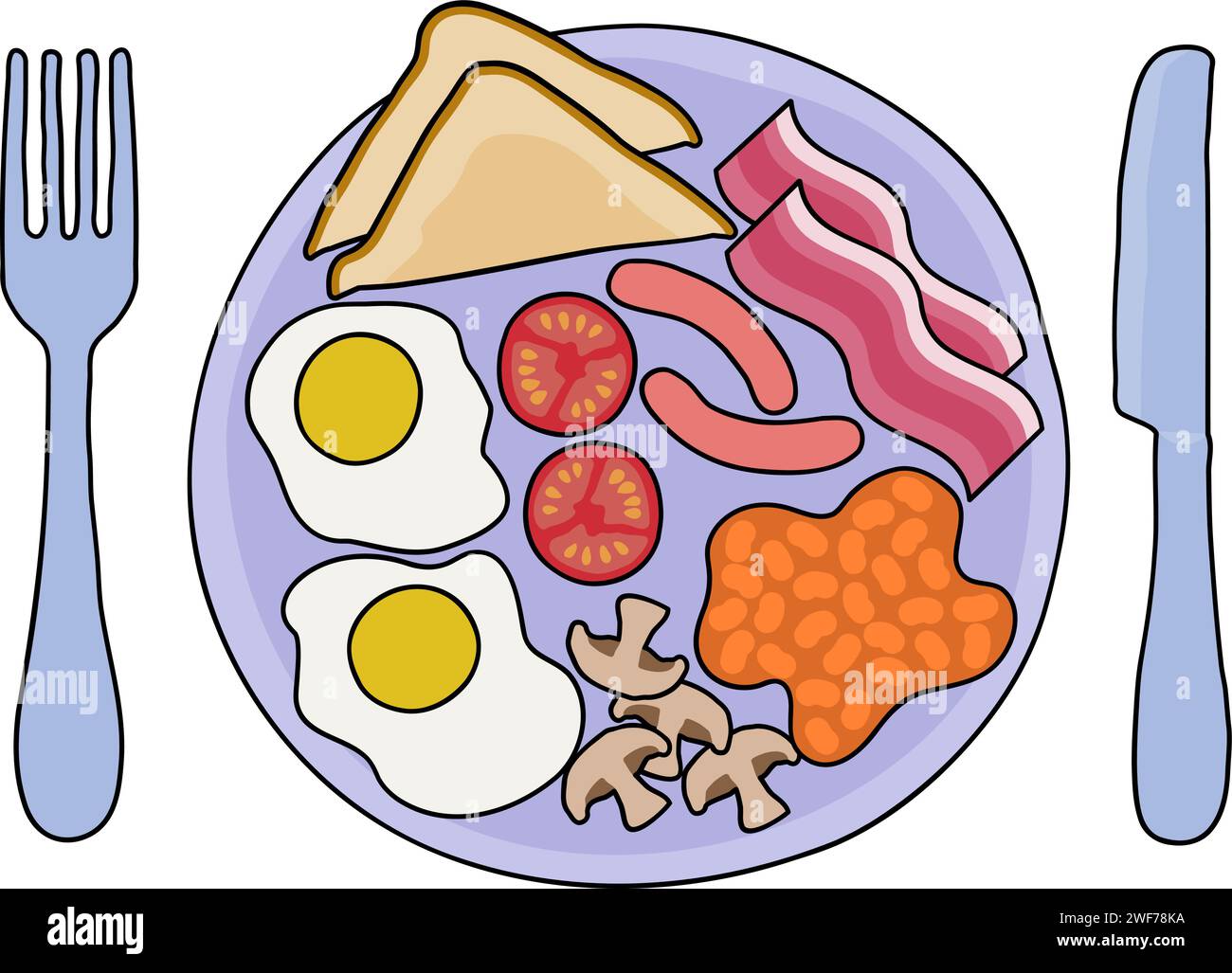 Fried Breakfast Food Knife Fork Plate Illustration Stock Vector