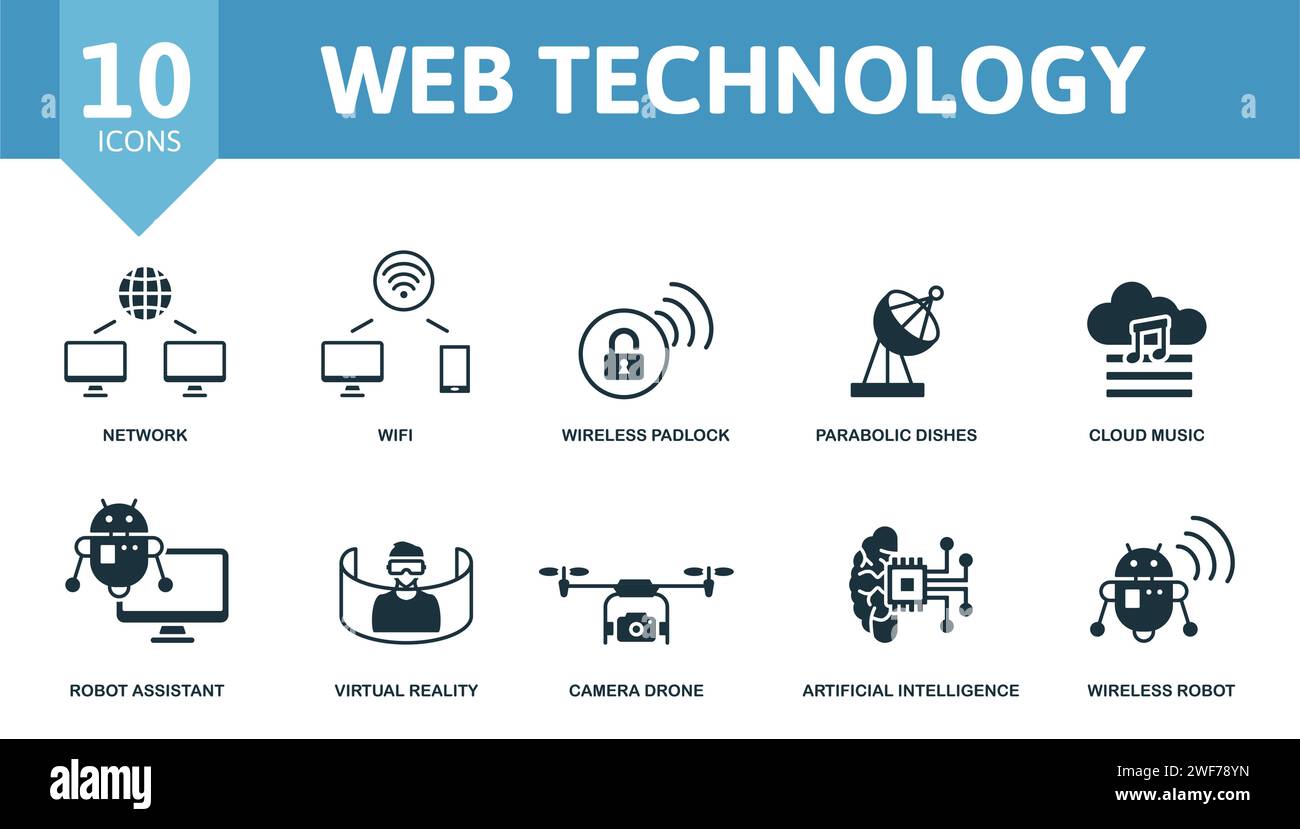 Web Technology icon set. Contains editable icons internet technology theme such as network, wireless padlock, cloud music and more. Stock Vector