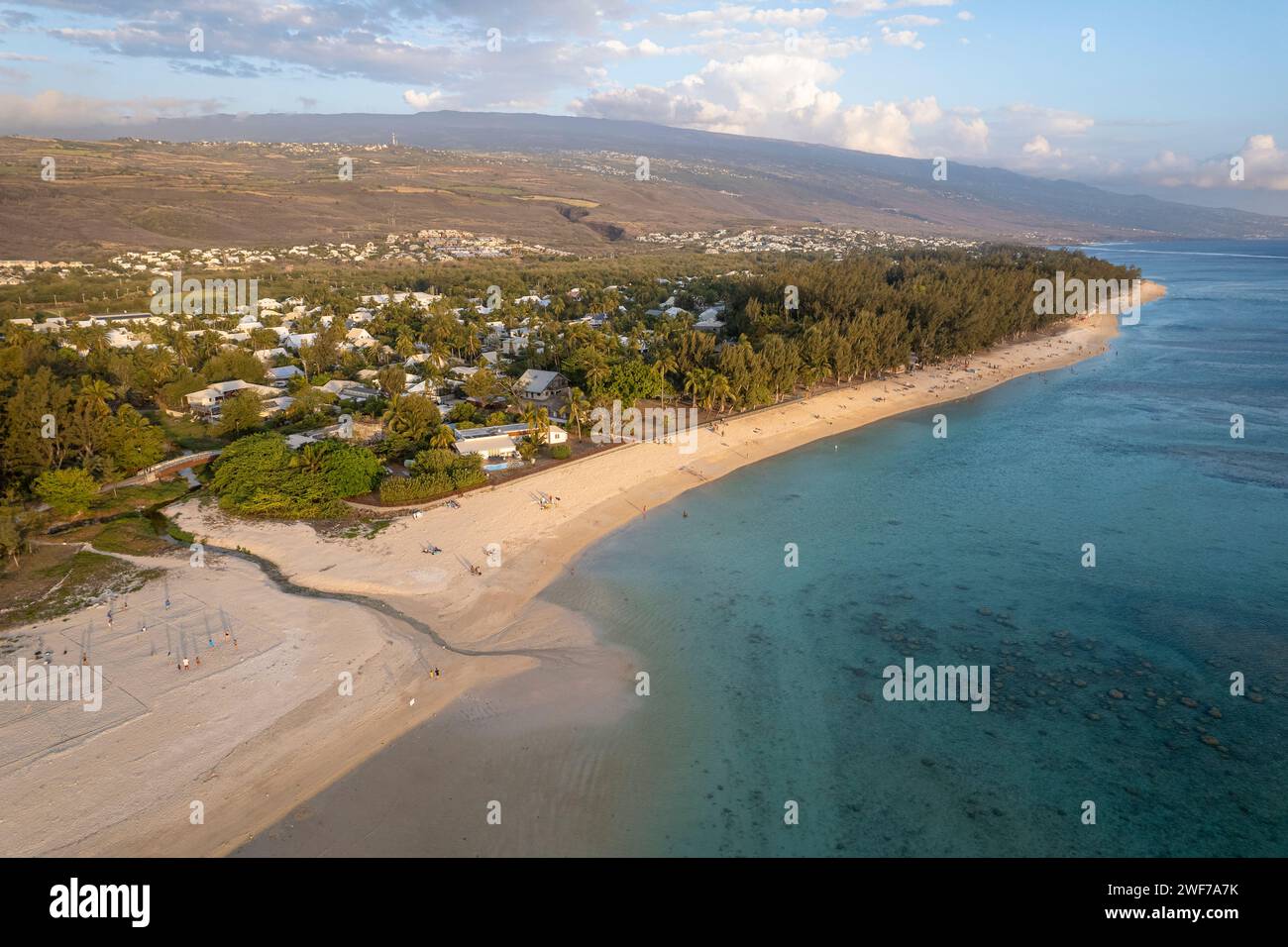 Aerial view of Hermitage Lagoon and Beach on Reunion Island Stock Photo