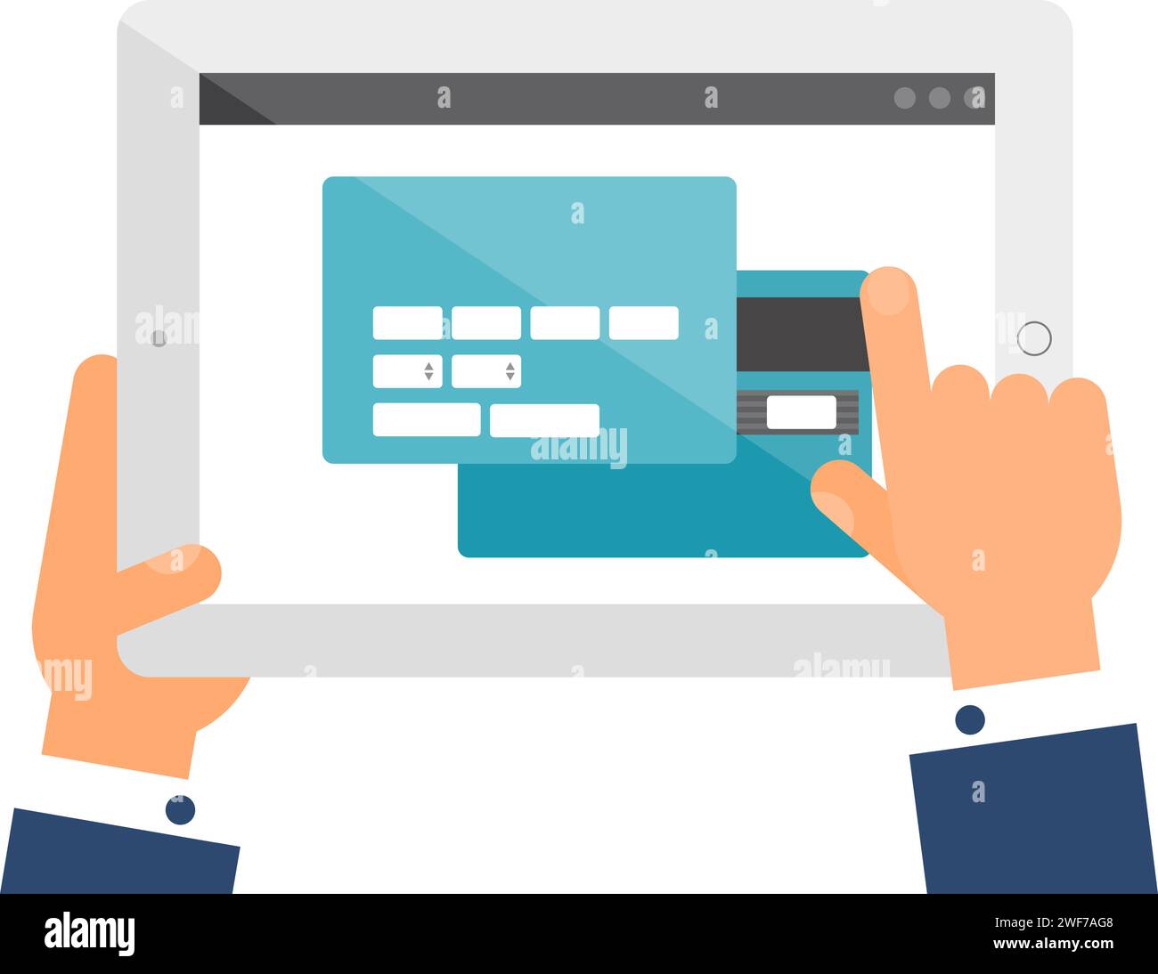 User hand enters data on website of entrance on portable laptop. Bank Client web page menu on screen of digital gadget. Simple flat vector isolated on Stock Vector