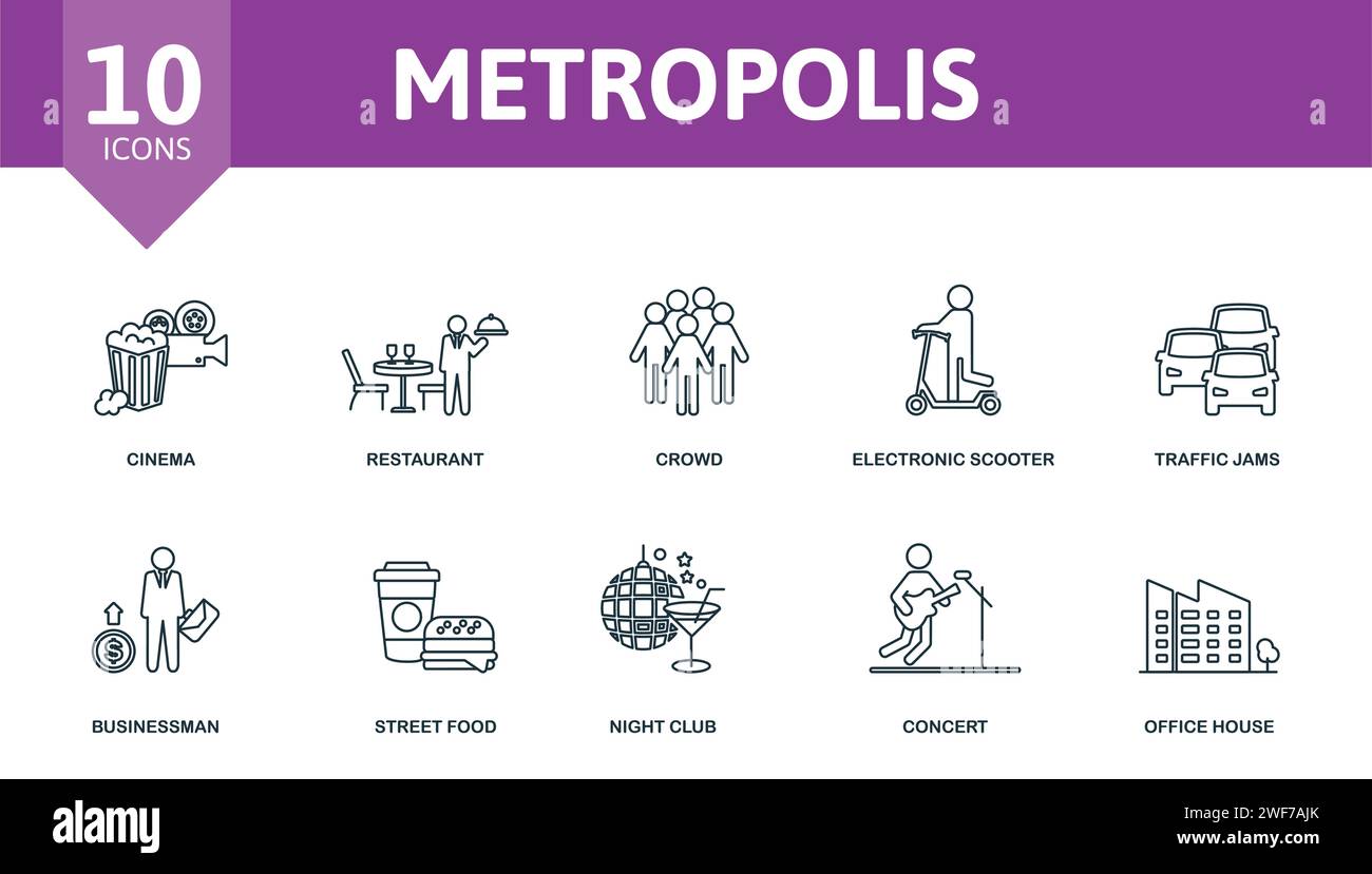 Metropolis set icon. Editable icons metropolis theme such as cinema, crowd, traffic jams and more. Stock Vector