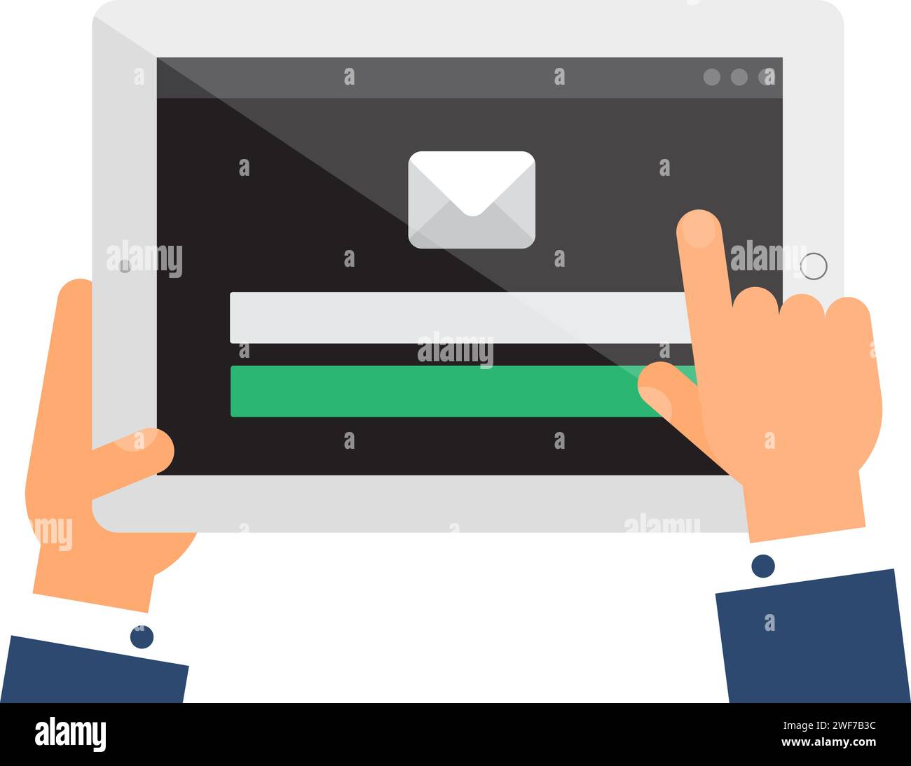 User hand enters data on website of client register on portable laptop. Authentication Data web page menu on screen of digital gadget. Simple flat vec Stock Vector