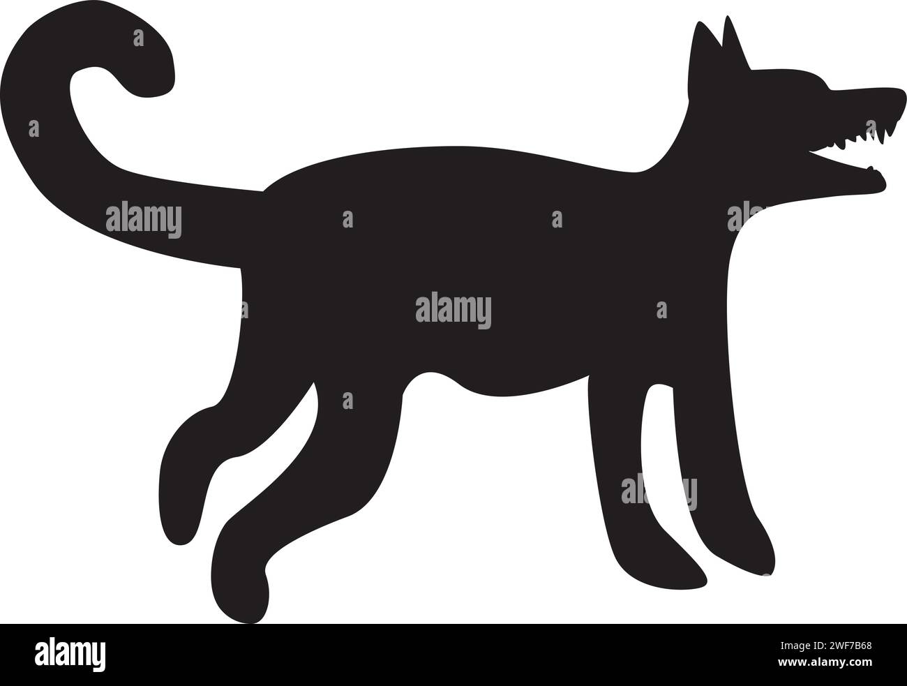 Black silhouette angry dog animal body, fairy tale Halloween character. Creepy shadow outline of nocturnal angry dog scarecrow. Simple black and white Stock Vector