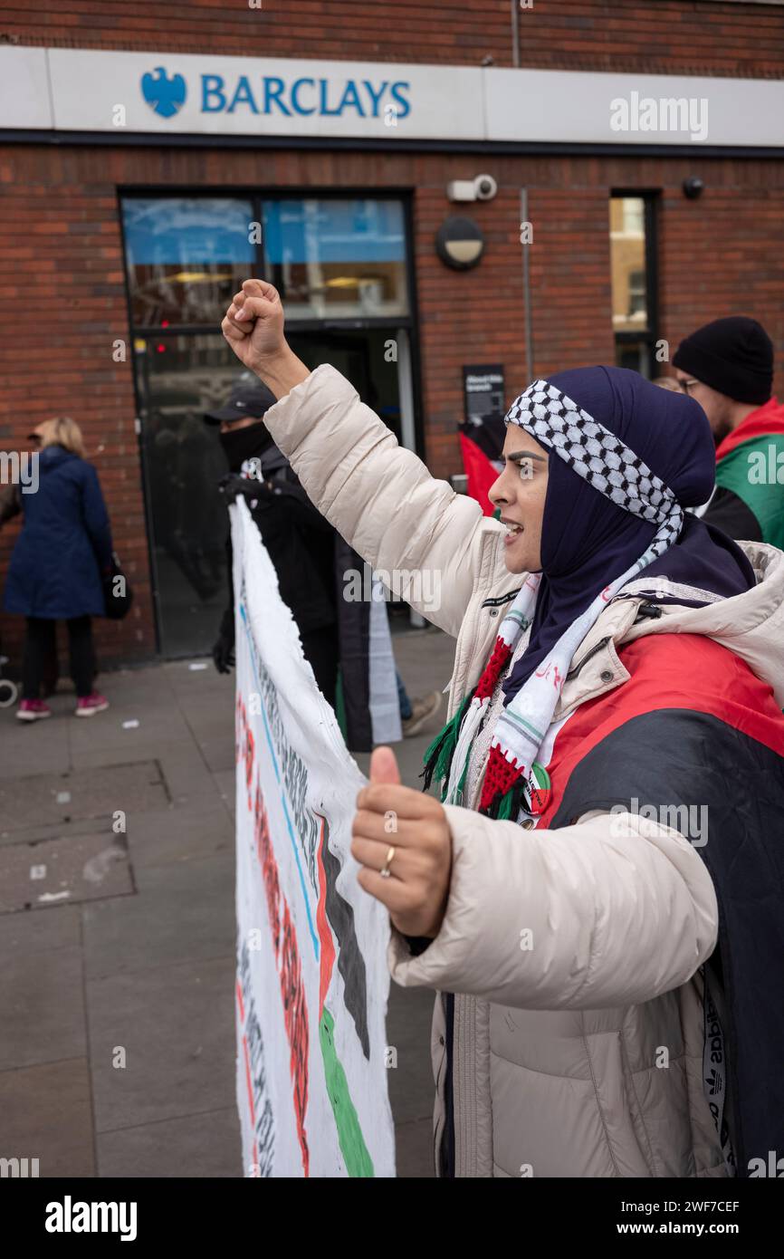 Day of Action for Palestine – Stop Arming Israel – protesters calling to boycott Barclays Bank branch in East London, Whitechapel, Tower Hamlets, Stock Photo