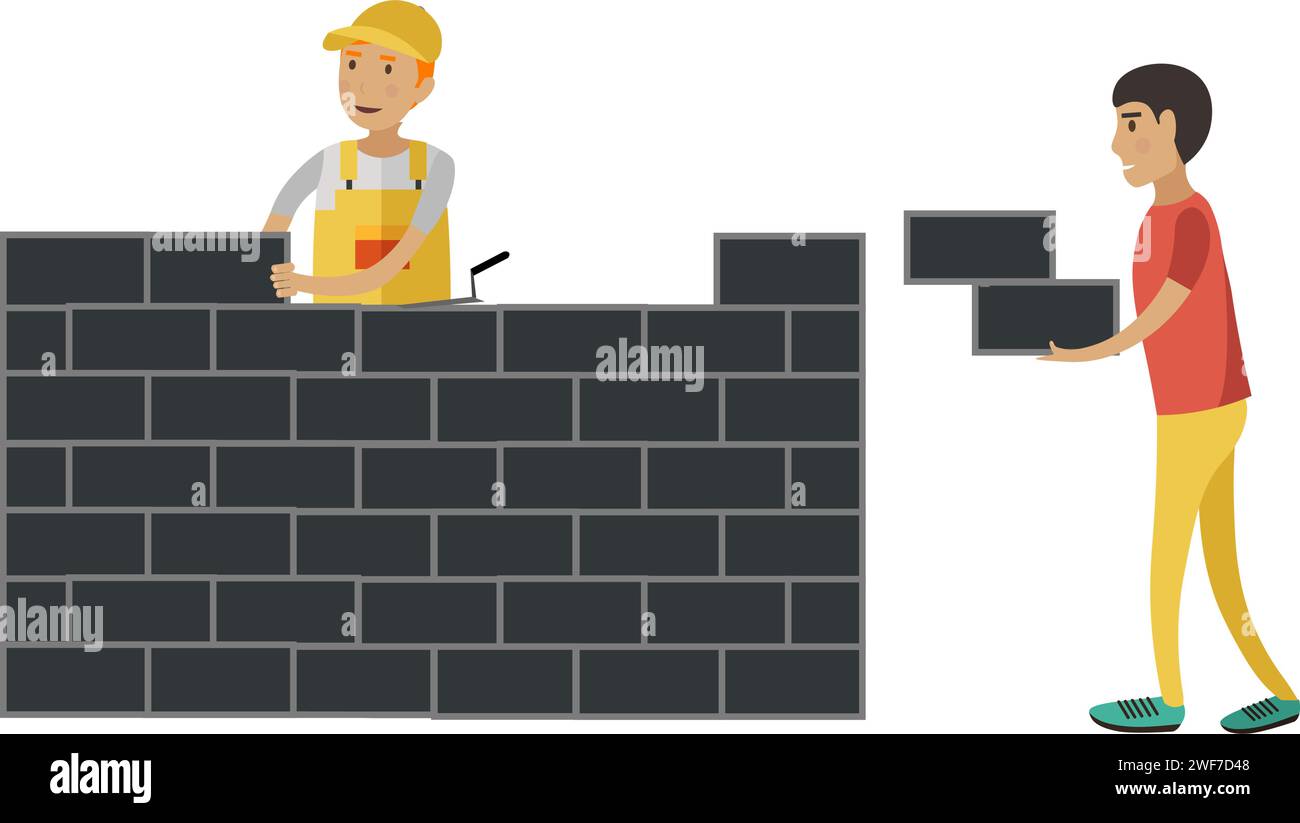 Workers laying bricks building house vector icon isolated on white Stock Vector