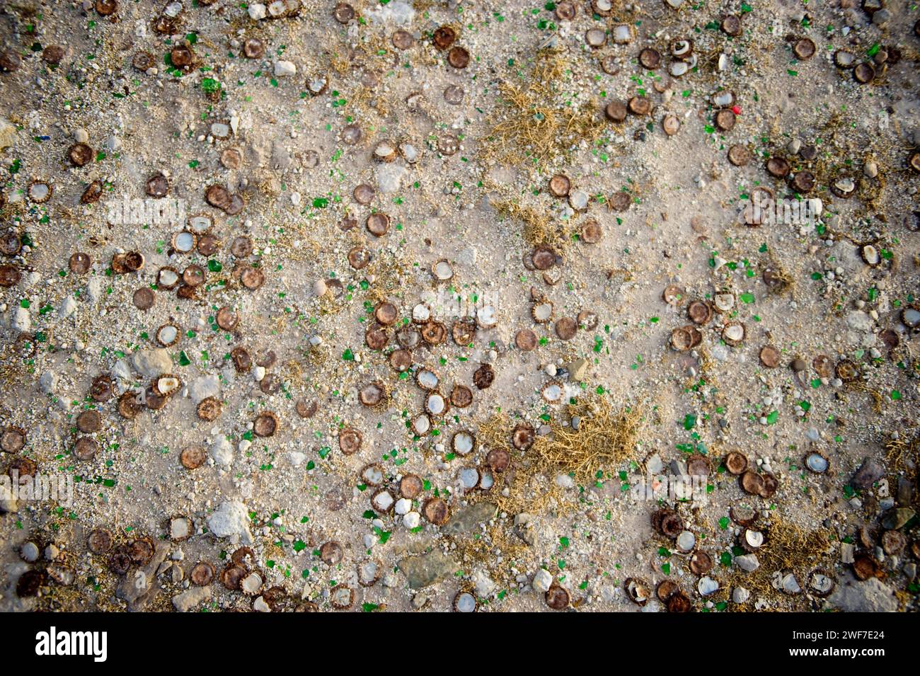 Bottle caps riddle the sand Stock Photo Alamy