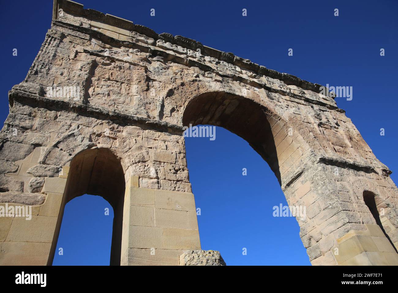 Roman arch of Medinaceli. Triumphal arch. Constructed in stone, technique opus quadratum. 1st century. Soria Province. Spain. Europe. Stock Photo