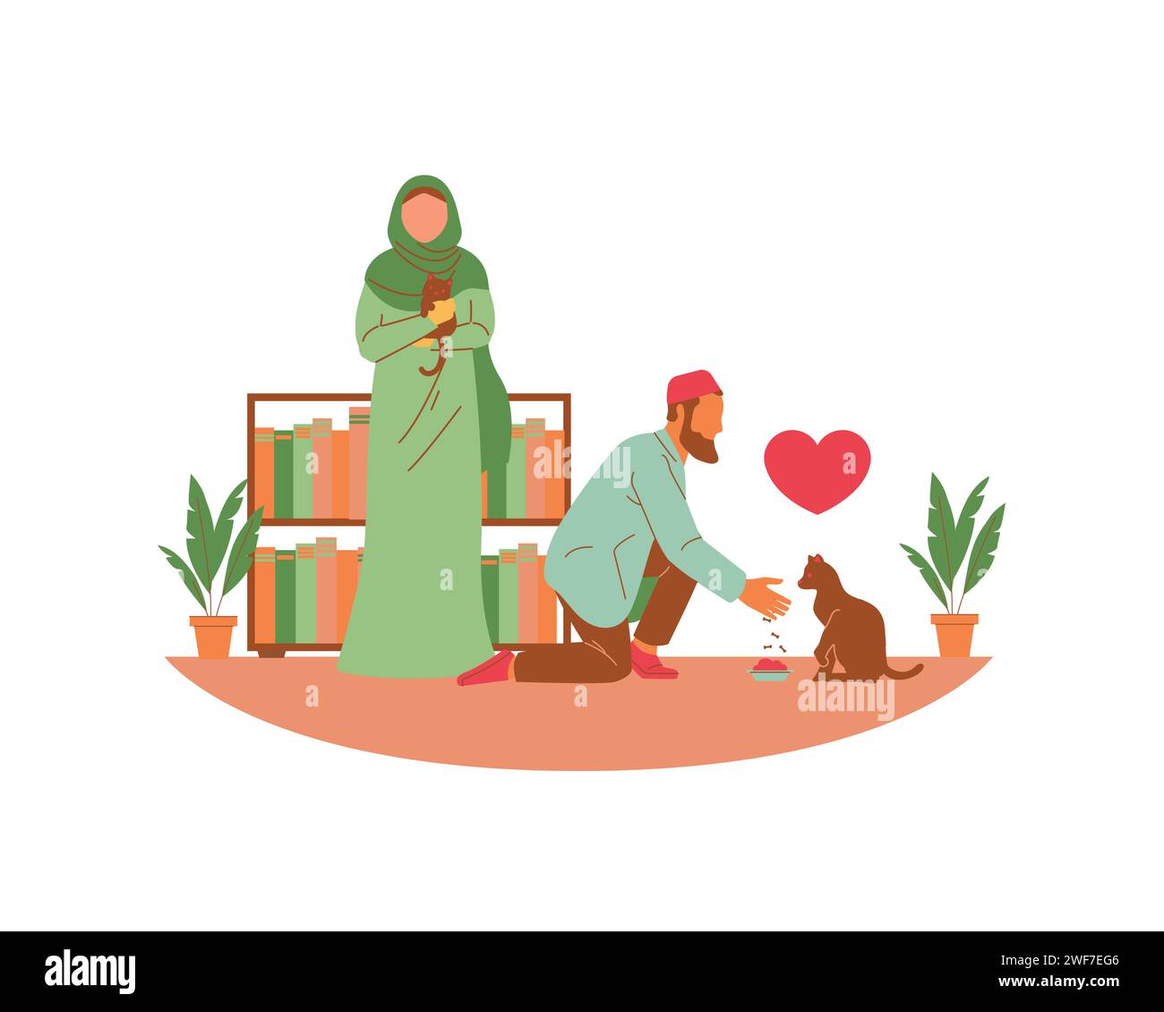 Muslim man and woman loving and feeding the cats in the living room. Modern Flat style vector of animal adoption and fostering illustration. Stock Vector