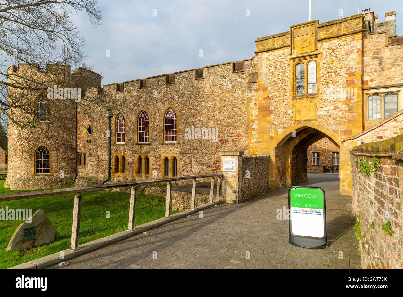 Entrance gateway to museum in historic walls of Taunton castle, Taunton, Somerset, England, UK Stock Photo