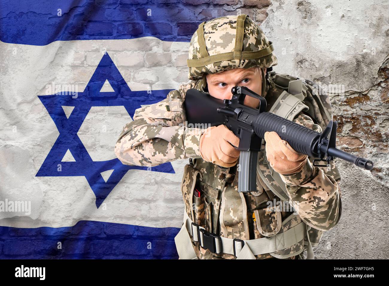 Military, flag of Israel and ruined wall, double exposure Stock Photo