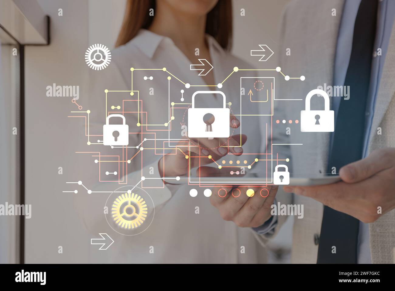 Privacy protection. Business people using tablet in office, closeup. Digital scheme with padlocks Stock Photo
