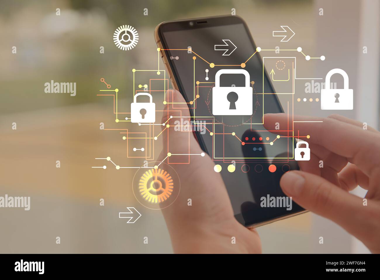 Privacy protection. Woman using smartphone indoors, closeup. Digital scheme with padlocks over device Stock Photo