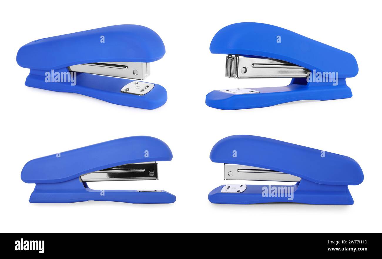 Blue stapler isolated on white, different sides Stock Photo