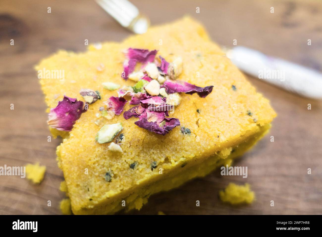 Sfouf (Lebanese Turmeric Cake) made with semolina flour and spiced with Turmeric. Stock Photo