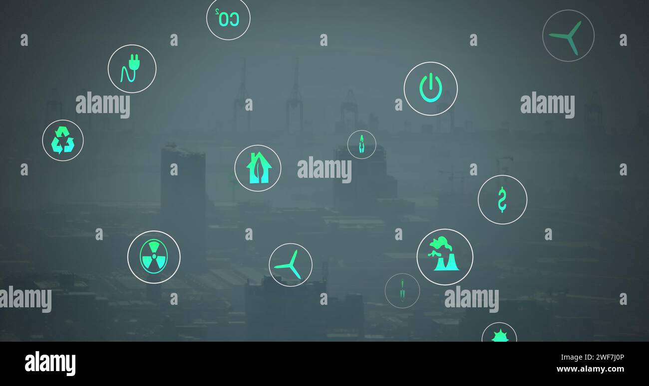Energy sustainability icons animation over hi-res stock photography and ...