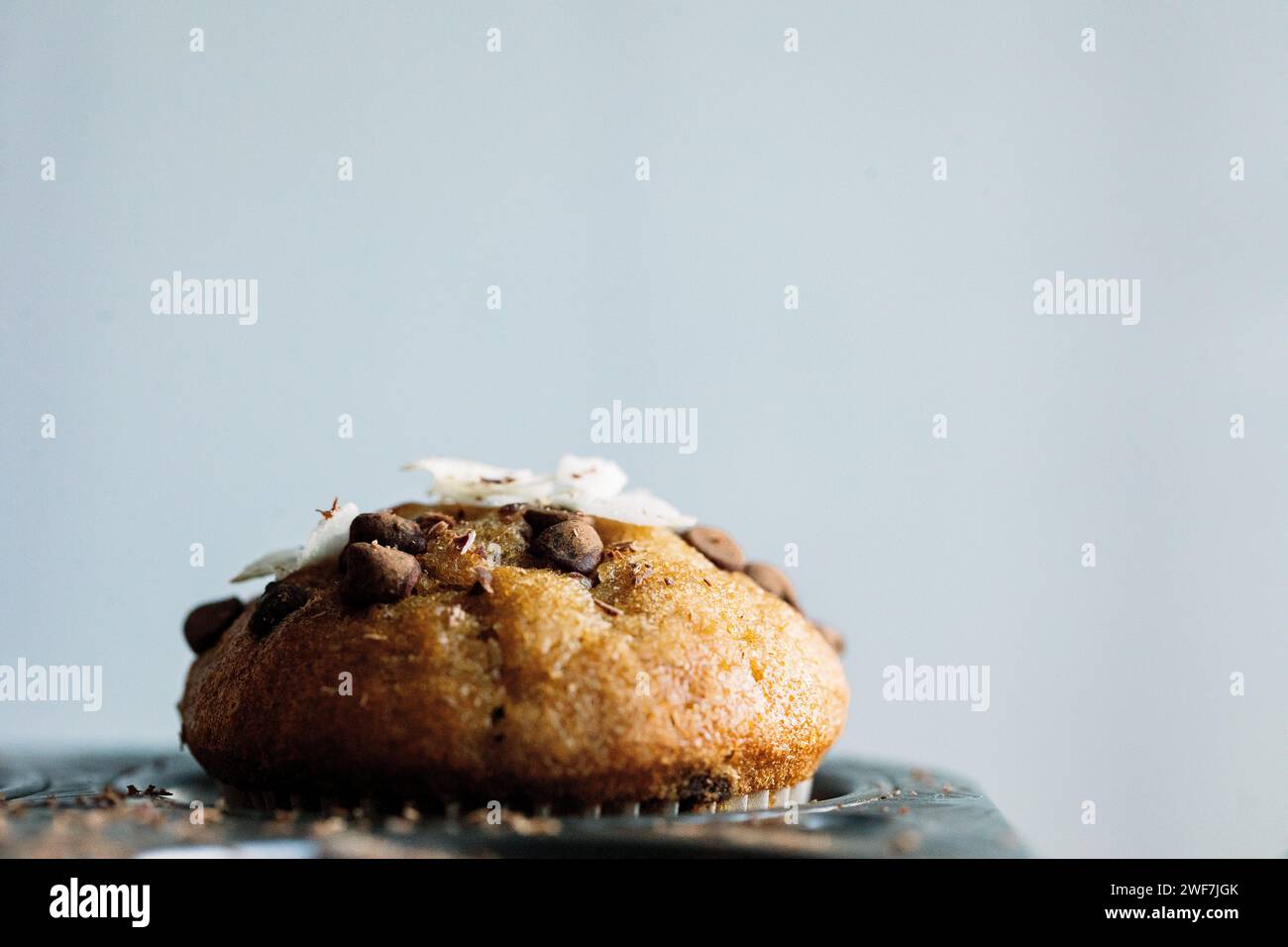 A close up of a muffin with a plain white background Stock Photo
